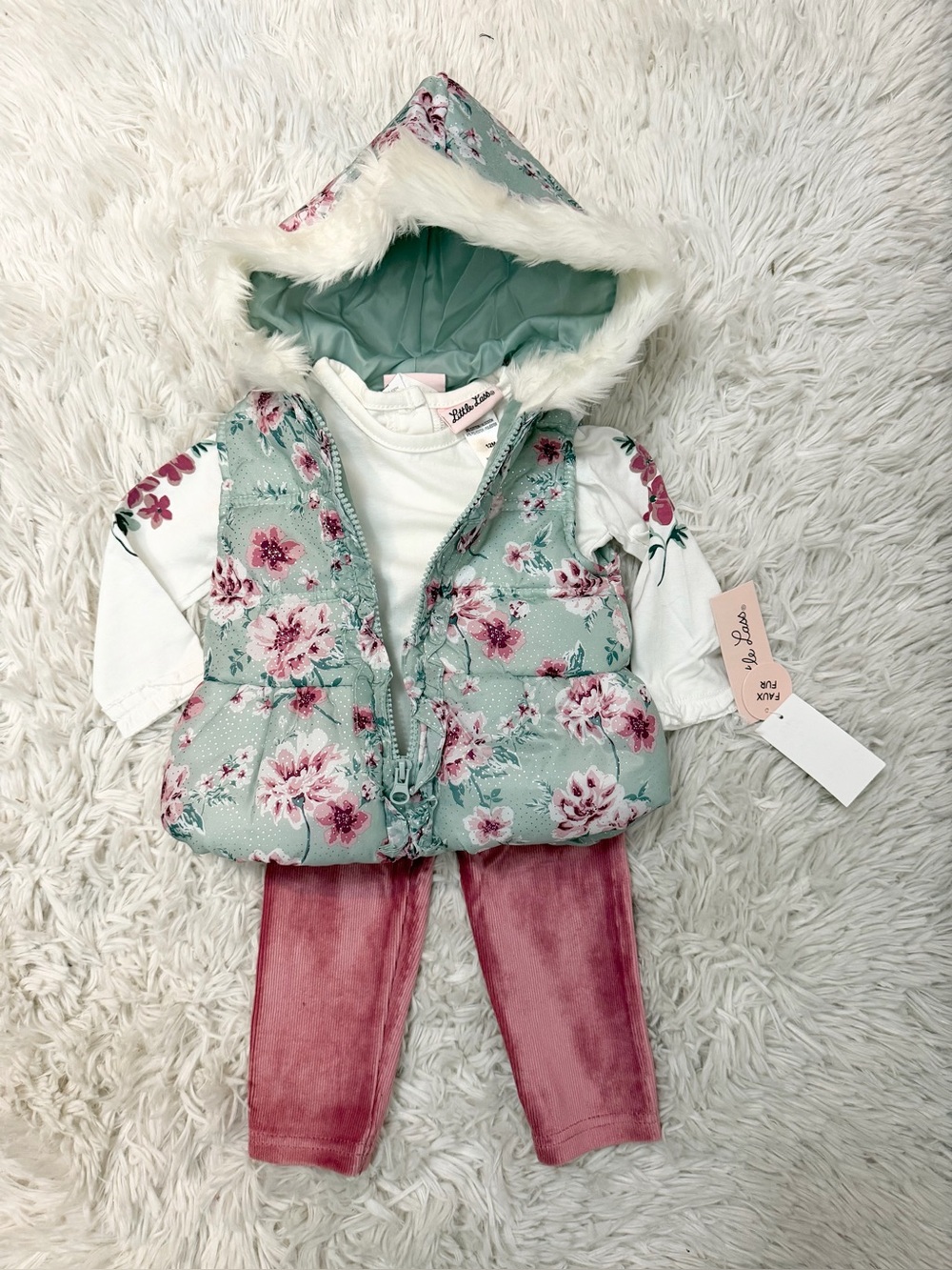 Little Lass 3Pc Floral Hooded Puffer Vest Set with Pink Leggings 12 Months NWT - Picture 6 of 9